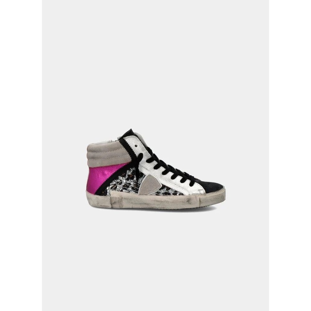 Philippe Model Paris PRSX High Woman Glitter Leo Metal‎ Argent Rose Sneakers 38